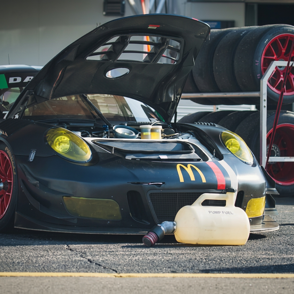 DAS Sport Porsche GT3 R in the pit lane with hood open beside spare slicks
