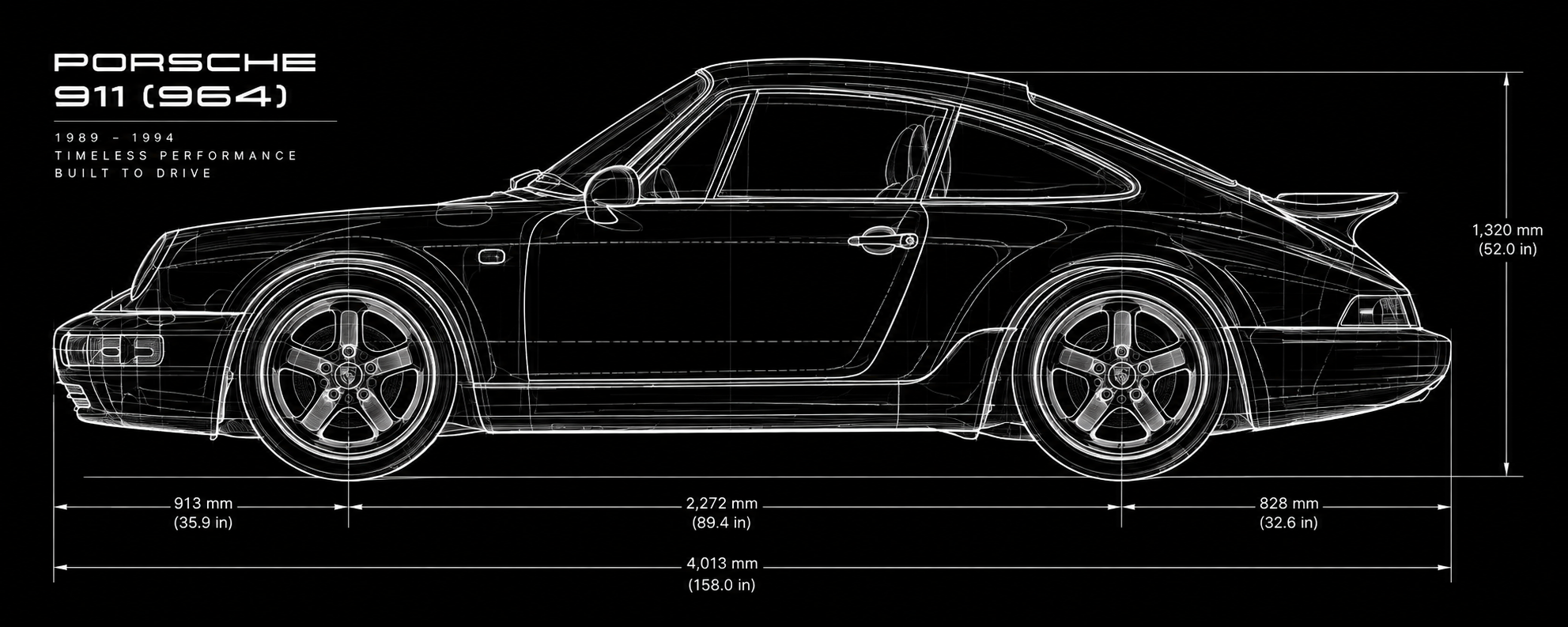 Porsche 911 (964) technical blueprint with dimensions — DAS Sport custom build base