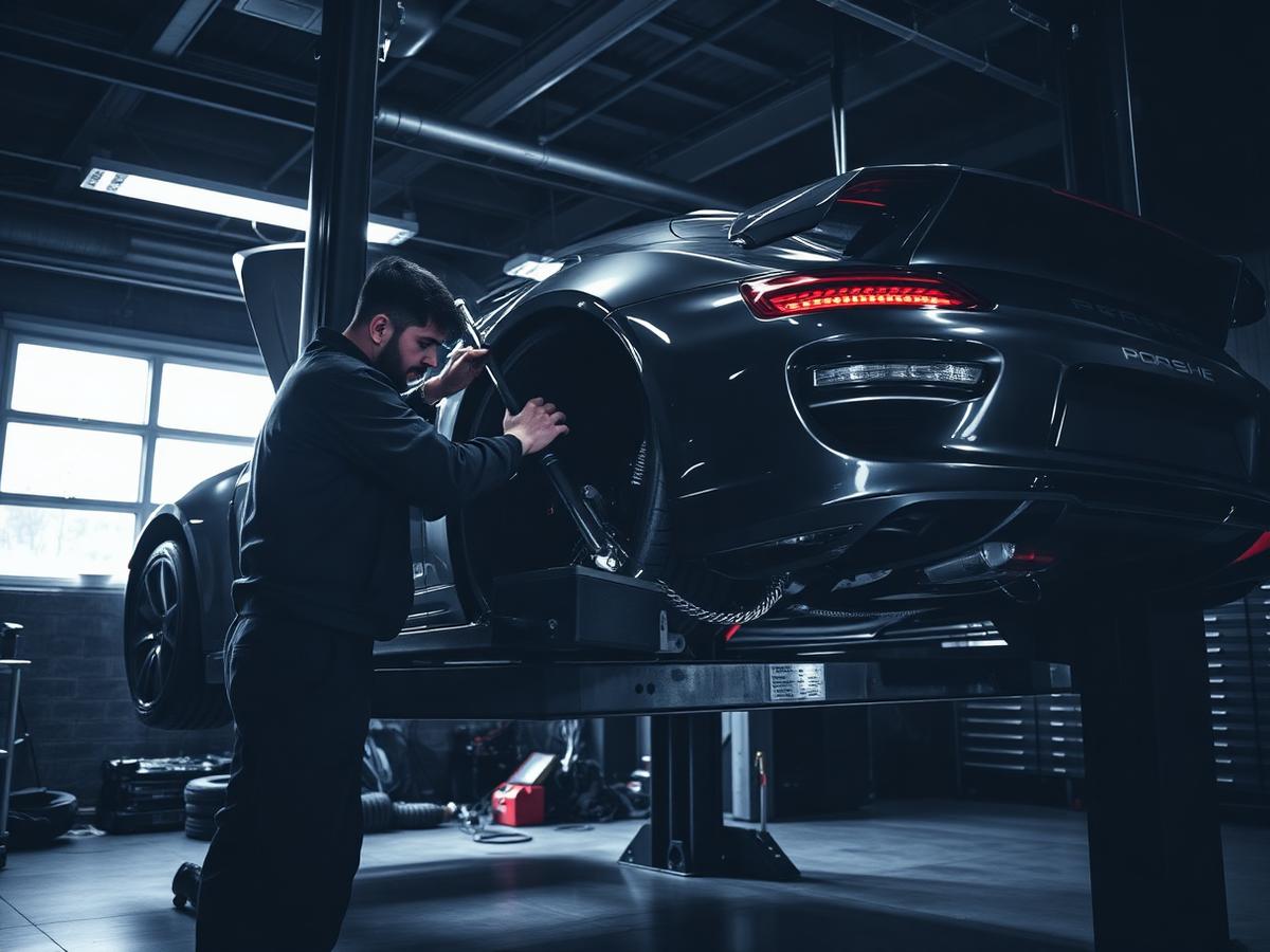 Technician working on a Porsche engine