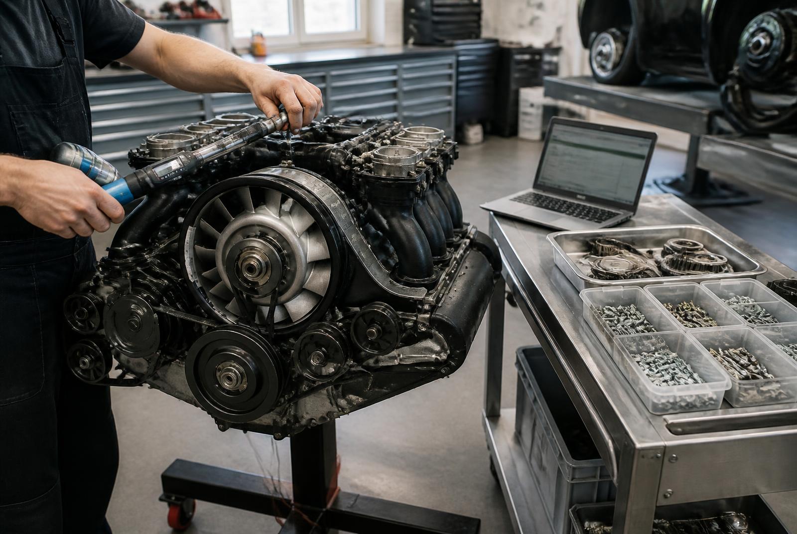 Torque-spec assembly of a rebuilt air-cooled flat-six with diagnostic data alongside